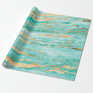 Stylish Mint & Gold Abstract Marbleized Paint Wrapping Paper