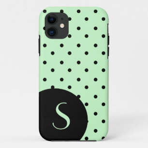 Stylish Mint Green & Black Polka Dot and Monogram iPhone 11 Case