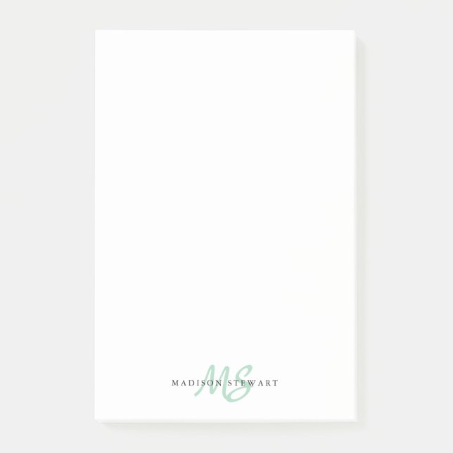 Stylish Mint Green Chic Brush Script Monogram Cute Post-it Notes (Front)