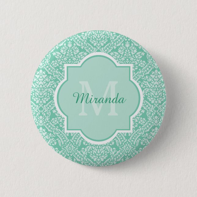 Stylish Mint Green Damask Monogram With Name 2 Inch Round Button (Front)