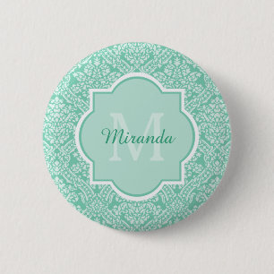 Stylish Mint Green Damask Monogram With Name 2 Inch Round Button