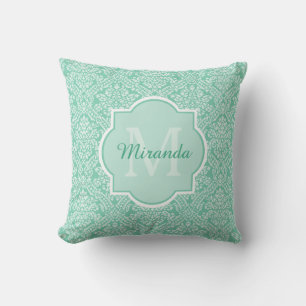 Stylish Mint Green Damask Monogram With Name Throw Pillow