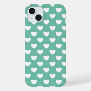 Stylish Mint Green Polka Dots Pattern With Hearts iPhone 15 Plus Case