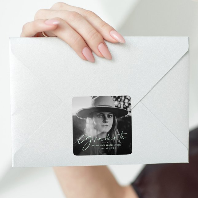Stylish Mint Green Script Photo Graduation Square Sticker (Creator Uploaded)