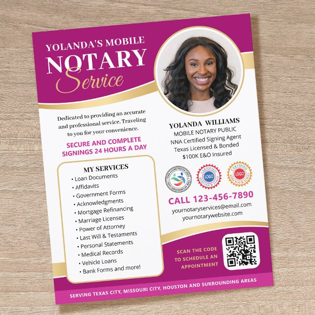 Stylish Mobile Notary Public QR Code Magenta Flyer (Creator Uploaded)
