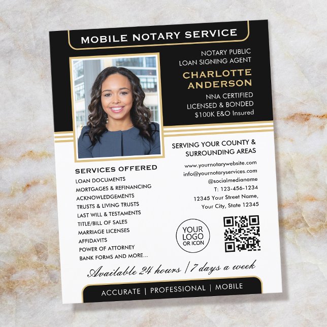 Stylish Mobile Notary Service Photo Black Gold Flyer (Creator Uploaded)