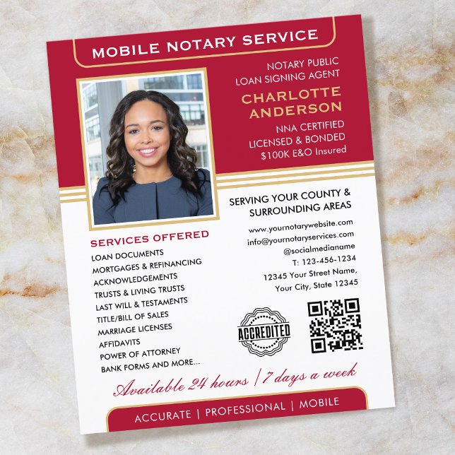 Stylish Mobile Notary Service Photo Red Gold Flyer (Creator Uploaded)