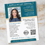 Stylish Mobile Notary Service Photo Teal Gold Flyer<br><div class="desc">Attract more customers with these classic Notary Public business flyers. A stylish template personalized with your photo, name, details, QR code and a logo or accreditation symbol. Business flyers are an effective way to promote your business and advertise your notary services. An effective way to promote your business and advertise...</div>