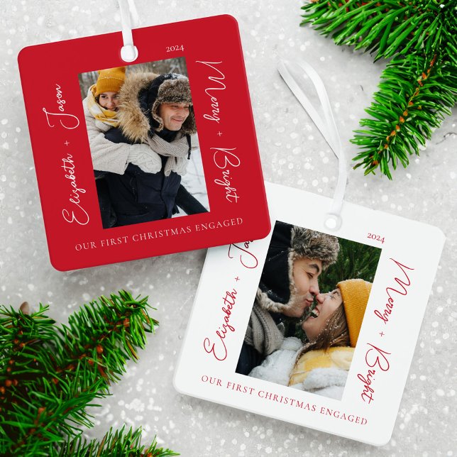 Stylish Modern 1st Christmas Engaged Couple Photo Metal Ornament (Stylish Modern 1st Christmas Engaged Couple Photo Metal Ornament)