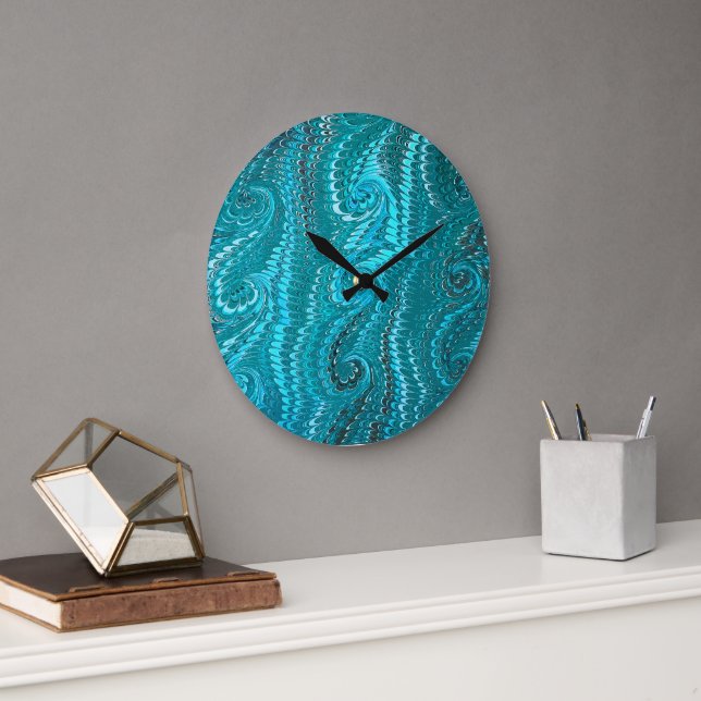 Stylish Modern Abstract Blue Swirls Marble Pattern Large Clock (Office)