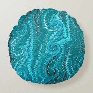 Stylish Modern Abstract Blue Swirls Marble Pattern Round Pillow