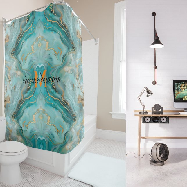 Stylish Modern Aqua Gold Marble Orange Monogram (Creator Uploaded)