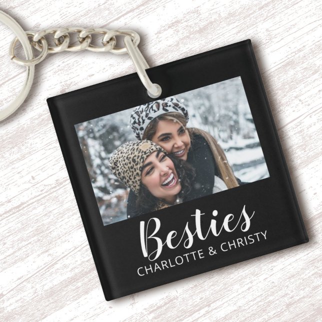 Stylish Modern Best Friends Script Photo (A black and white minimalist Best Friend "Besties" Keychain. Personalize it with your photo and name)