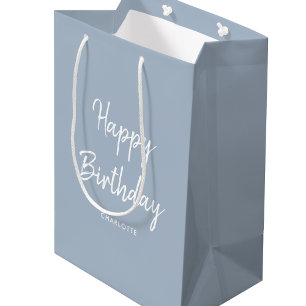 Stylish Modern Birthday Blue Grey Personalized Medium Gift Bag
