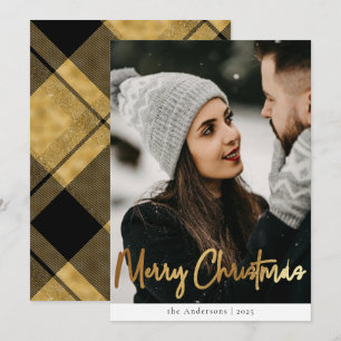 Stylish Modern Black Gold Plaid Christmas Photo Holiday Card