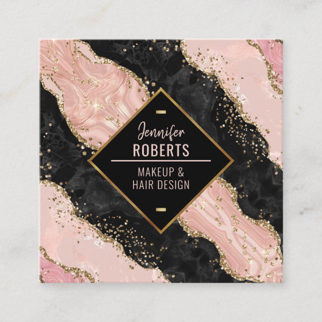 Stylish Modern Black & Pink Marble Gold Glitter Square Business Card (Front)