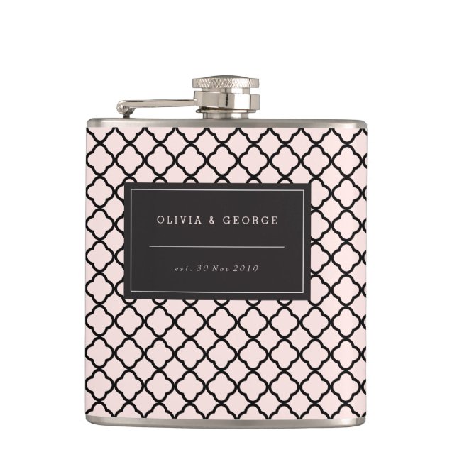 Stylish Modern Black Pink Quatrefoil Name Wedding Hip Flask (Front)