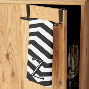 Stylish Modern Black White Chevron Pattern Initial Kitchen Towel