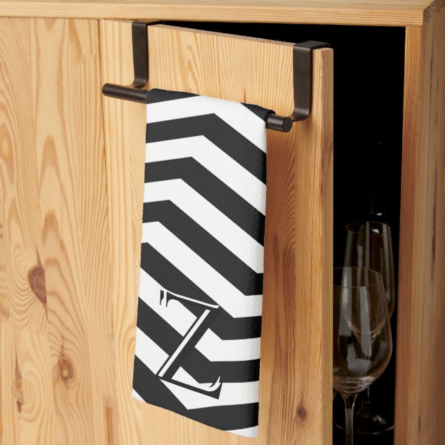 Stylish Modern Black White Chevron Pattern Initial Kitchen Towel (Thirds Fold)