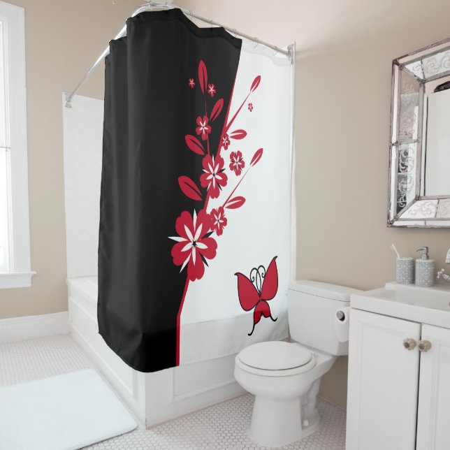 Stylish Modern Black White Red Butterfly Floral (In Situ)