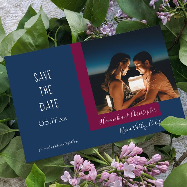Stylish Modern Blue Magenta Photo Simple Wedding Save The Date (Creator Uploaded)