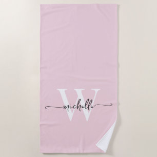 Stylish Modern Blush Pink Monogram Name Script Beach Towel