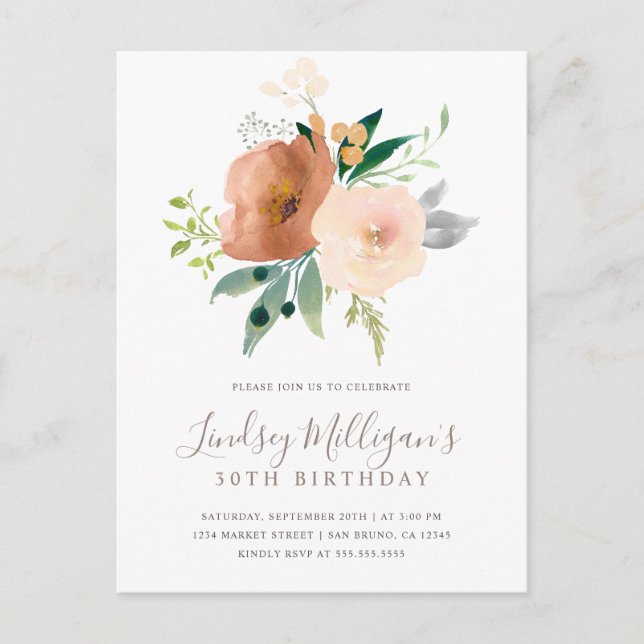 Stylish Modern Blush Pink Pastel Floral Birthday Invitation Postcard (Front)