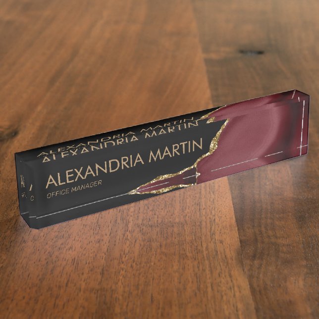 Stylish Modern Burgundy Black Gold Glitter Office Nameplate (Side)