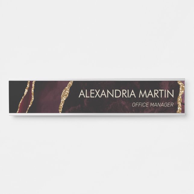 Stylish Modern Burgundy Gold Glitter Marble  Door Sign (Front)