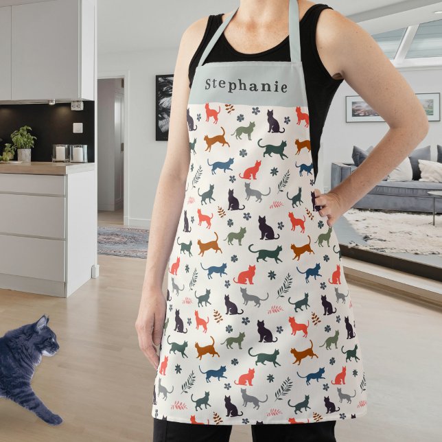 Stylish Modern Cats Pattern Cream Personalized Apron (A personalized kitchen apron with colorful cat silhouettes pattern in warm and neutral colors)