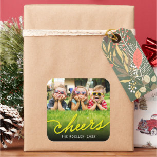 Stylish Modern Cheers Script Holiday Photo Sticker
