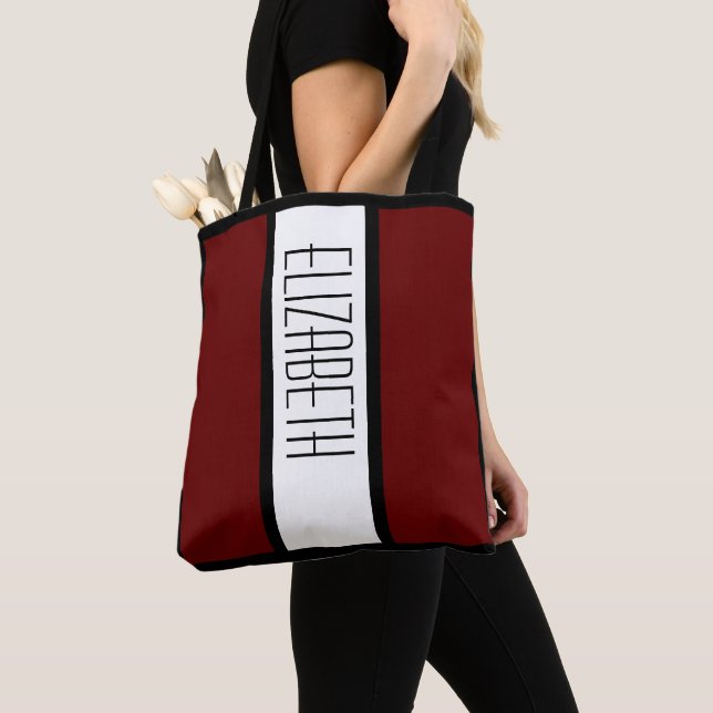 Stylish Modern Colour Block Personalized Name Red Tote Bag (Close Up)
