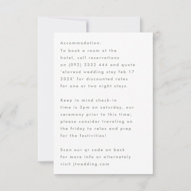 Stylish Modern Custom Names Details Sage Green RSVP Card (Back)