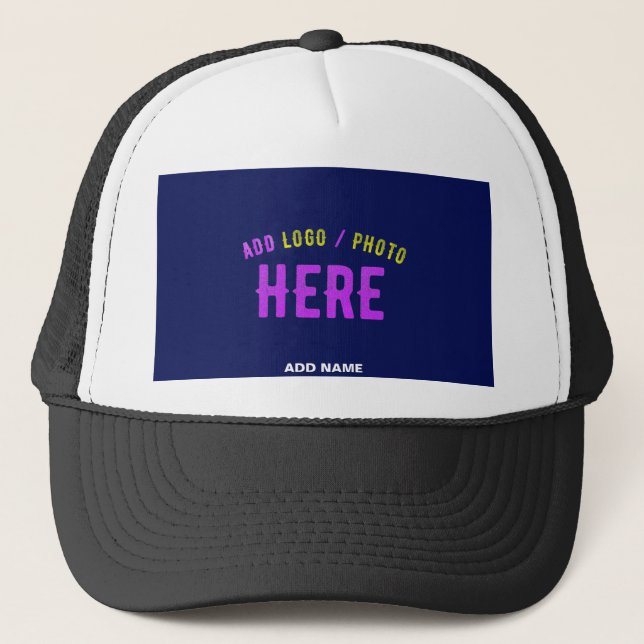 STYLISH MODERN CUSTOM WHITE BLACK NAVY BLUE BRAND TRUCKER HAT (Front)