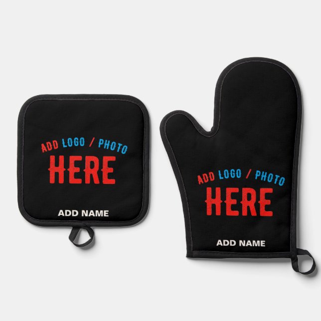 STYLISH MODERN CUSTOMIZABLE BLACK VERIFIED BRANDED OVEN MITT & POT HOLDER SET (Front)
