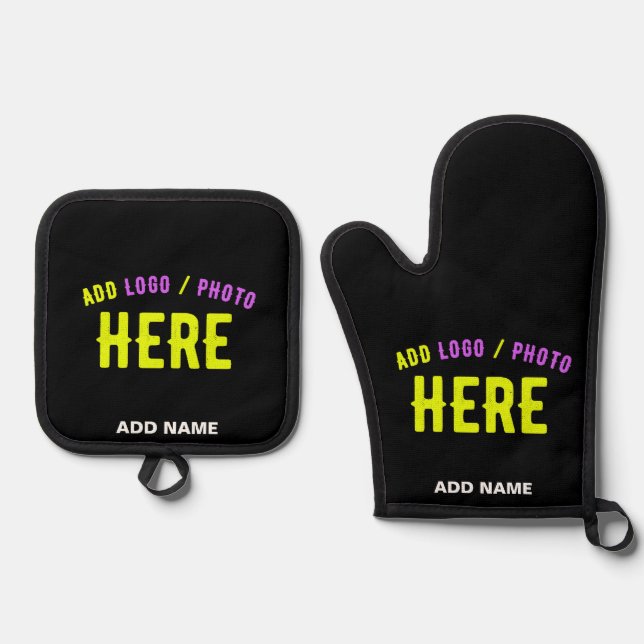 STYLISH MODERN CUSTOMIZABLE BLACK VERIFIED BRANDED OVEN MITT & POT HOLDER SET (Front)