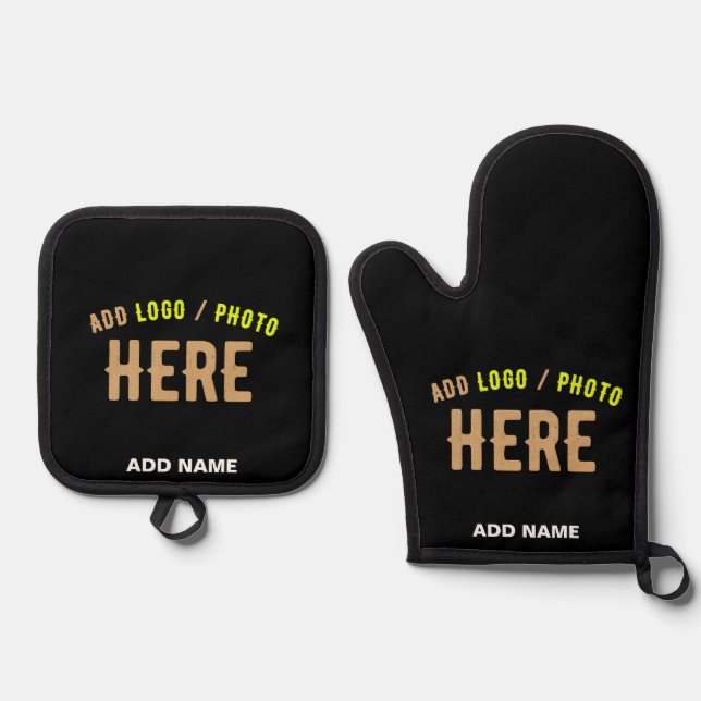 STYLISH MODERN CUSTOMIZABLE BLACK VERIFIED BRANDED OVEN MITT & POT HOLDER SET (Front)