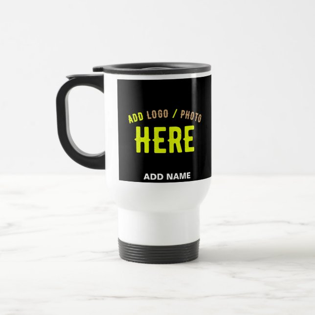 STYLISH MODERN CUSTOMIZABLE BLACK VERIFIED BRANDED TRAVEL MUG (Left)