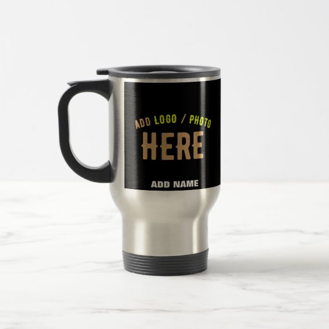 STYLISH MODERN CUSTOMIZABLE BLACK VERIFIED BRANDED TRAVEL MUG (Left)