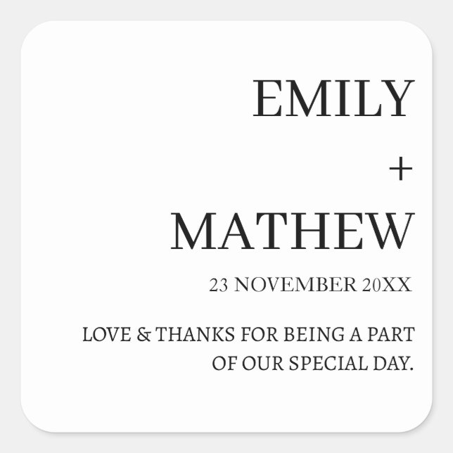 STYLISH MODERN CUSTOMIZED ELEGANT CLASSIC WEDDING  SQUARE STICKER (Front)