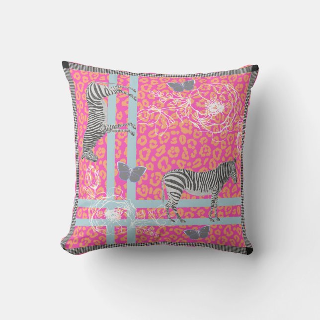 Stylish Modern Eclectic Fluo Pink Orange Blue Outdoor Pillow (Front)
