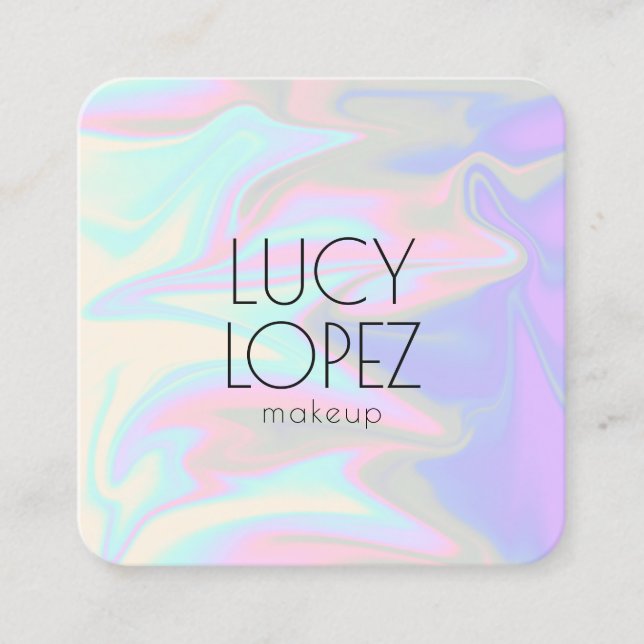 Stylish modern elegant chick holographic makeup square business card (Front)