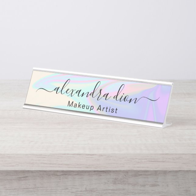 Stylish modern elegant holographic makeup artist  desk name plate (Front)