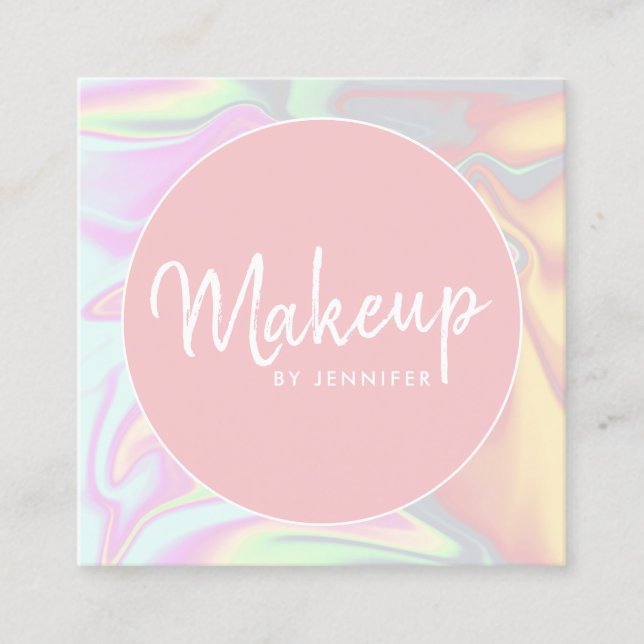 Stylish modern elegant holographic makeup square business card (Front)