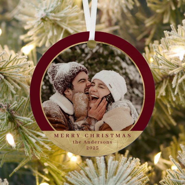 Stylish Modern Faux Gold Christmas Couple Photo Metal Ornament (Insitu)