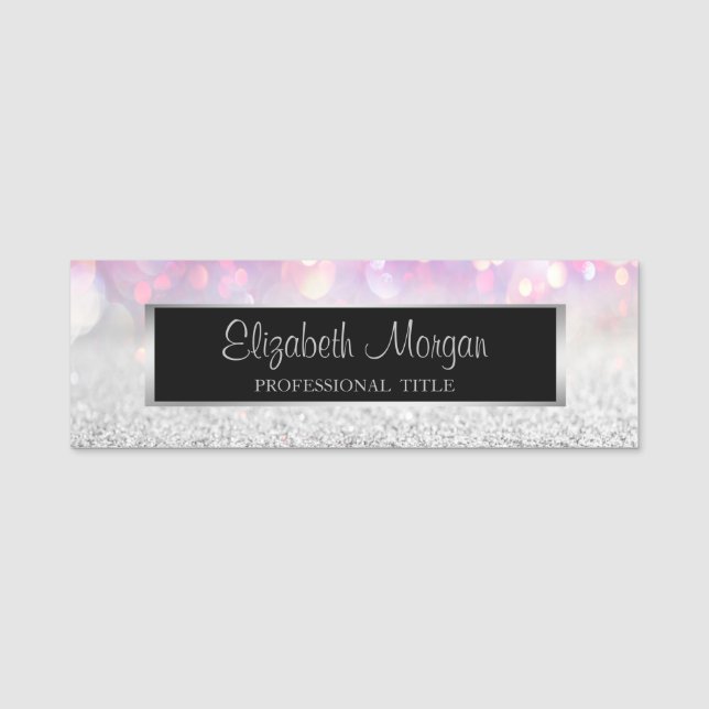 Stylish Modern, Frame,Silver Glitter Bokeh Name Tag (Front)