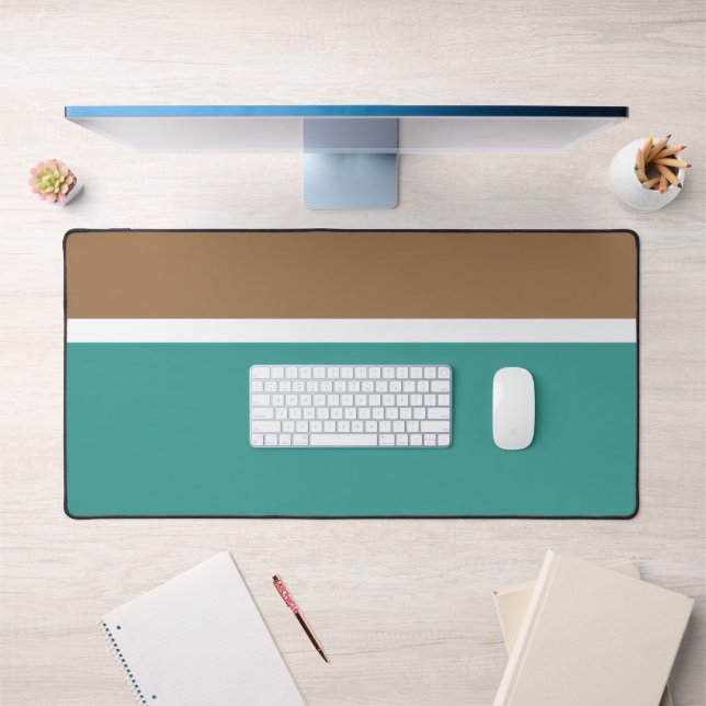 Stylish Modern Fun Aqua Teal White Mocha Stripes Desk Mat (Office 1)