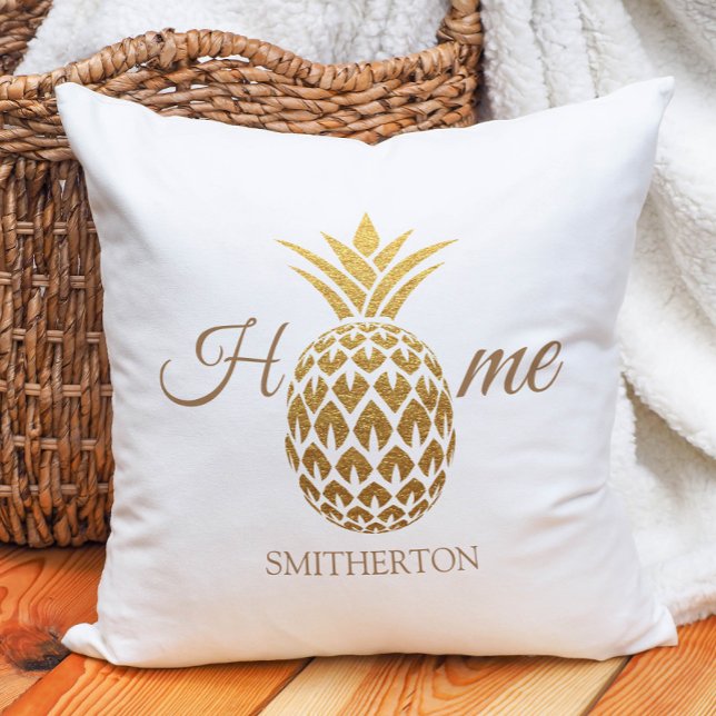 Stylish Modern Gold Pineapple White Home Throw Pillow (Gold and white pineapple "Home" pillow)