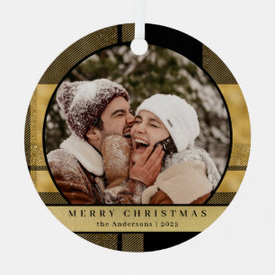 Stylish Modern Gold Plaid Christmas Couple Photo Metal Ornament