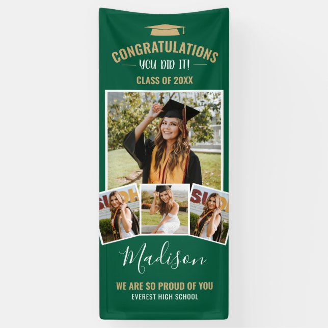 Stylish Modern Green 4 Photo Collage Graduation Banner (Vertical)